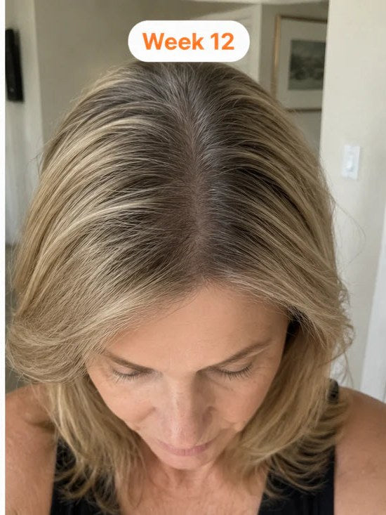 The same blonde part at week 12, narrower and fuller